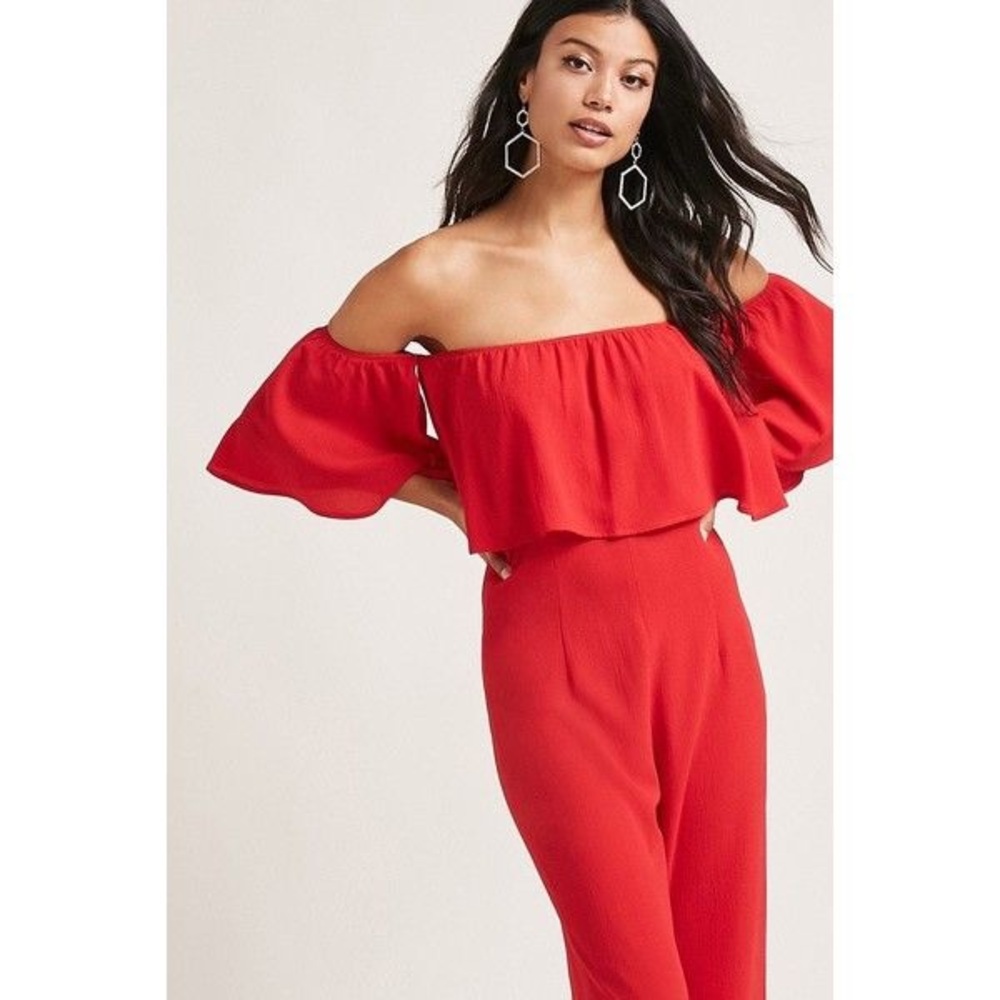 Red off shoulder jumpsuit